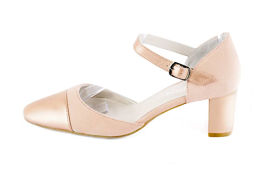 Powder pink women's open side shoes, with an instep strap. Round toe. Medium block heels. Profile view - Florence KOOIJMAN